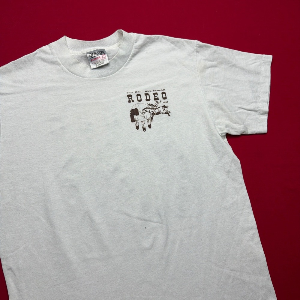 Vintage 90s Fort Hall All Indian Rodeo T-Shirt 1995 Oneita Single Stitch White M - Picture 4 of 8